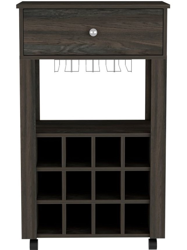 Memphis Bar Cart, Twelve Built-in Wine Rack, Four Legs, One Open Shelf -Espresso